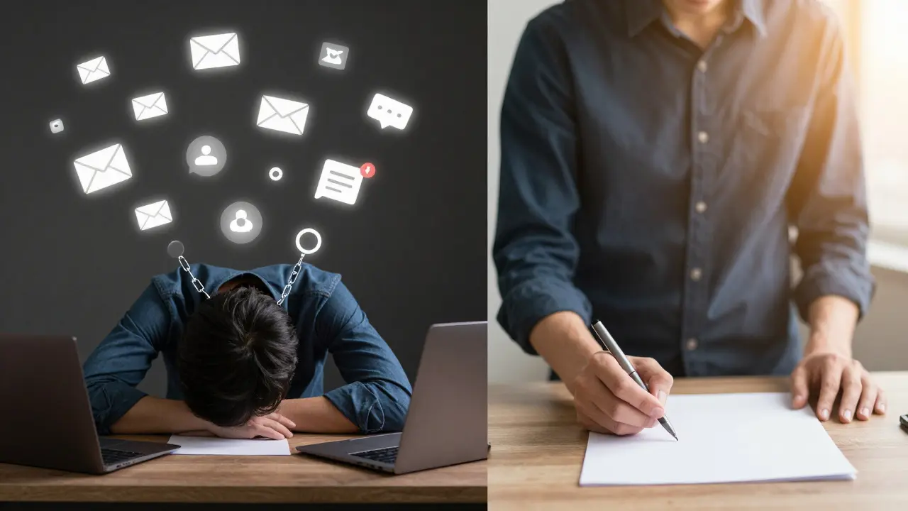 Dvě části obrázku: jedna ukazuje osobu pohlcenou oznámeními, druhá ukazuje tu samou osobu volnou a soustředěnou na papír.