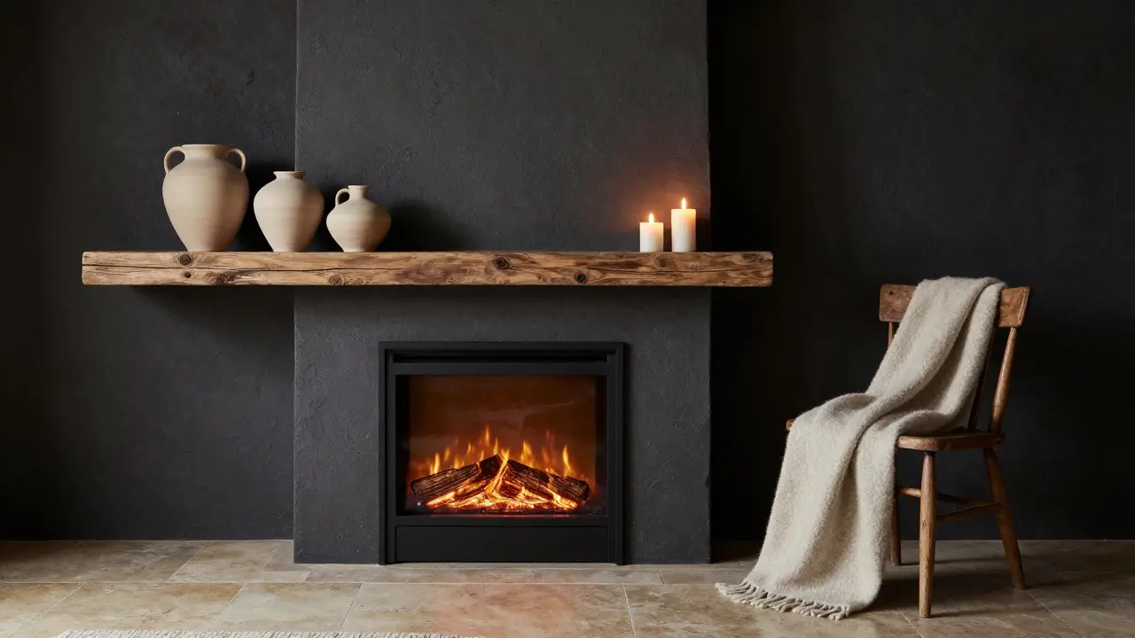 Elektrický kamín s dřevěnou poličkou a rukou dělanými keramickými hrnčíky, bez televize nebo plastu, jen přírodní materiály.