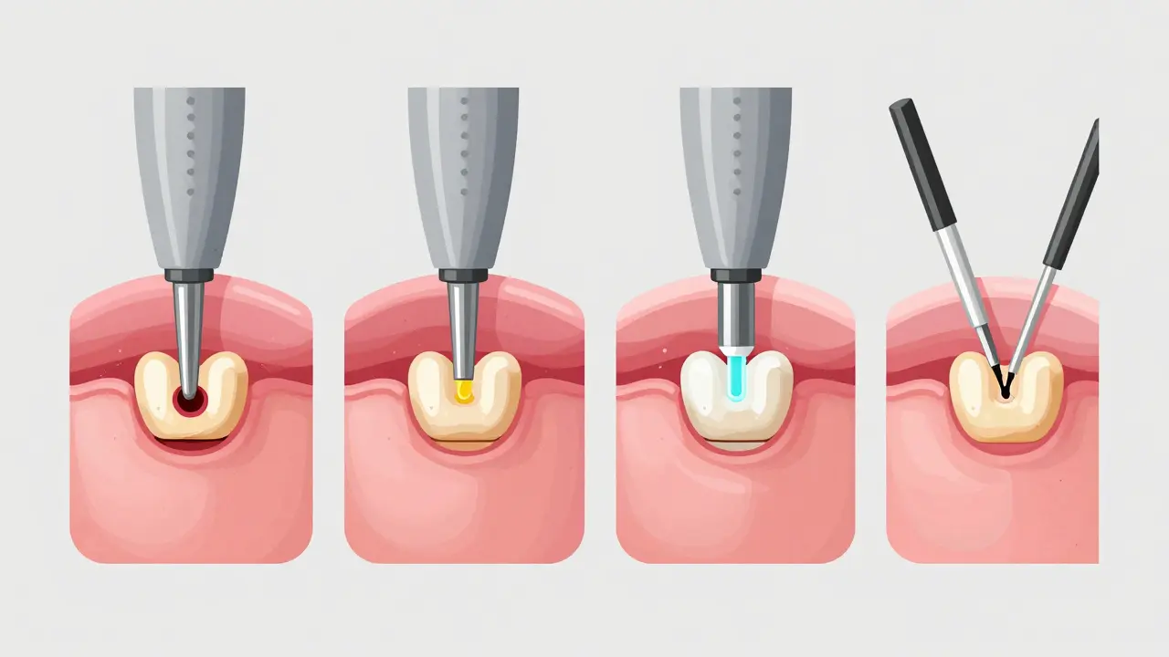 Four-step visual guide of composite filling procedure: cleaning, bonding, layering, and polishing.