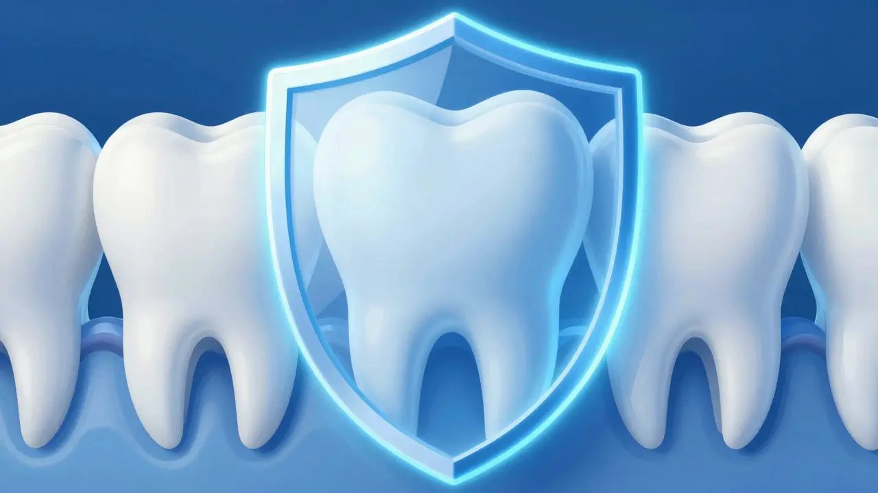 Ilustrace ochranného pláště fluoridu chránícího zubní sklovinu.