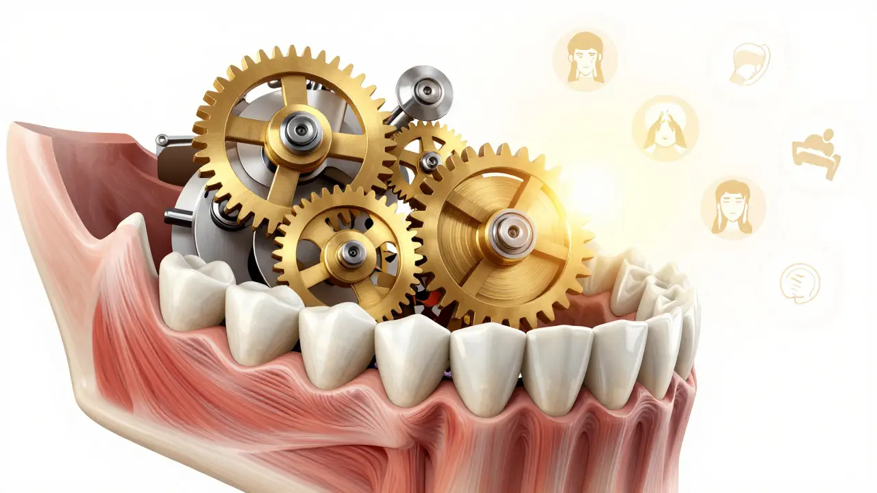 Jaw mechanism illustrated as clockwork gears, with one misaligned cog causing strain on surrounding structures.
