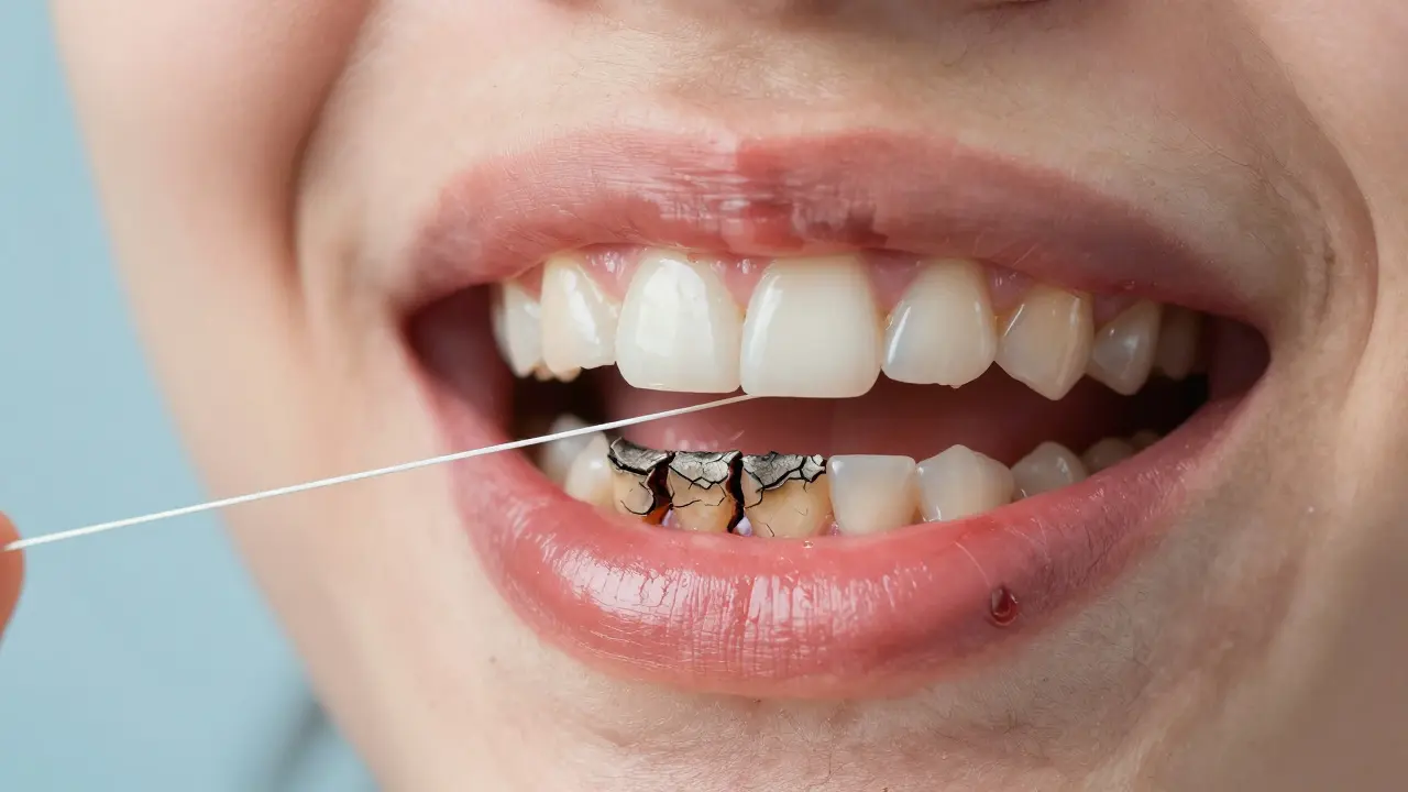 Konceptuální výhled na ústní dutinu jako krajinnou plochu, kde zubní nit čistí mezery mezi zuby a obnovuje zdravé dásně.