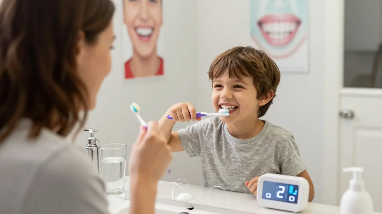 Maminka pomáhá dítěti čistit zuby dvě minuty, používá měkký kartáček a časovač.