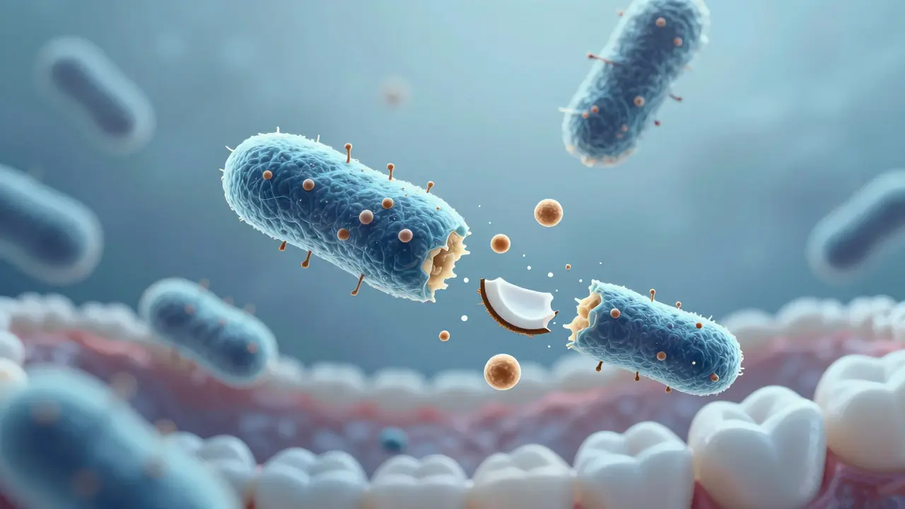 Mikroskopický pohled na bakterie v ústech, které jsou ničeny molekulami laurinové kyseliny.