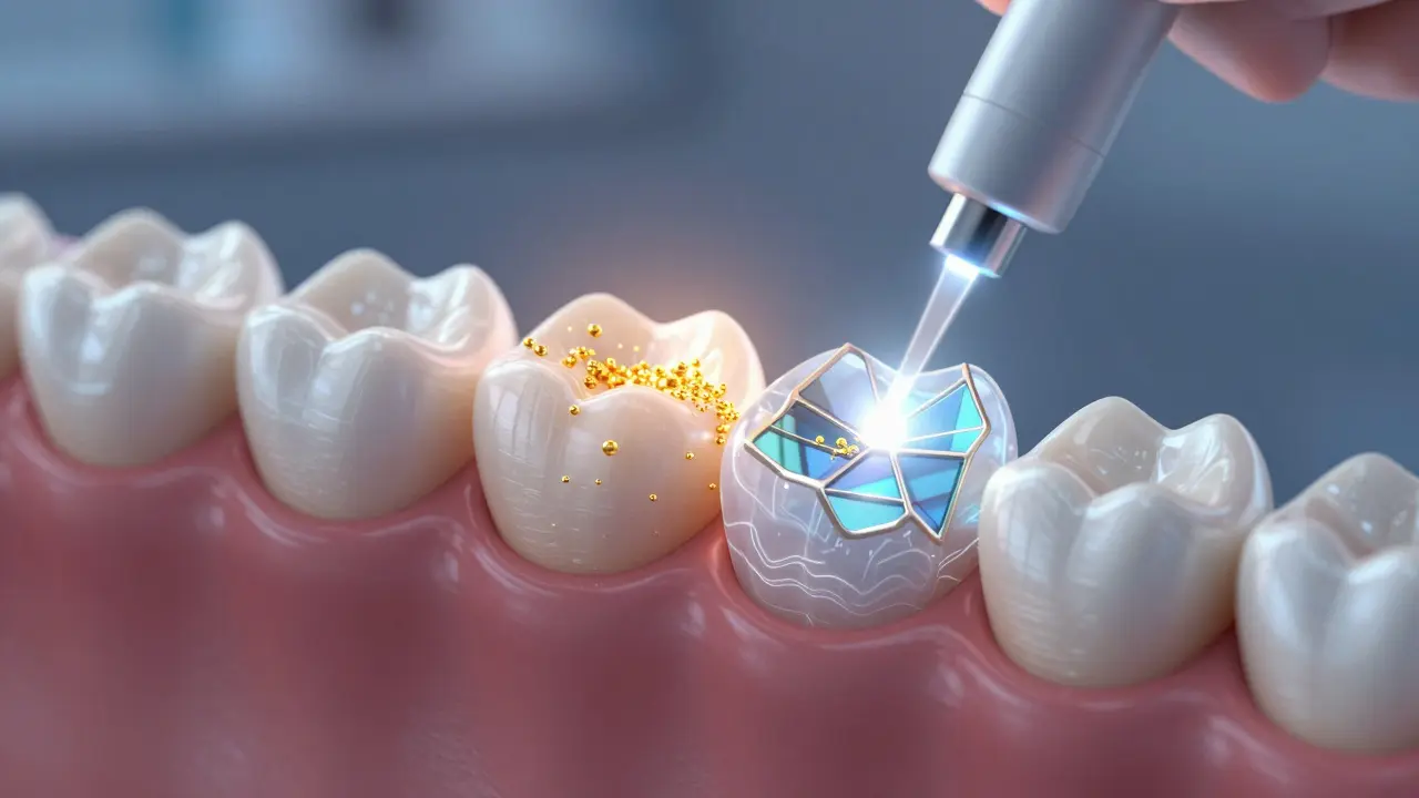 Minimální minerály se přilnavě připojují k povrchu zubu, obnovují sklovinu jako vitráž.