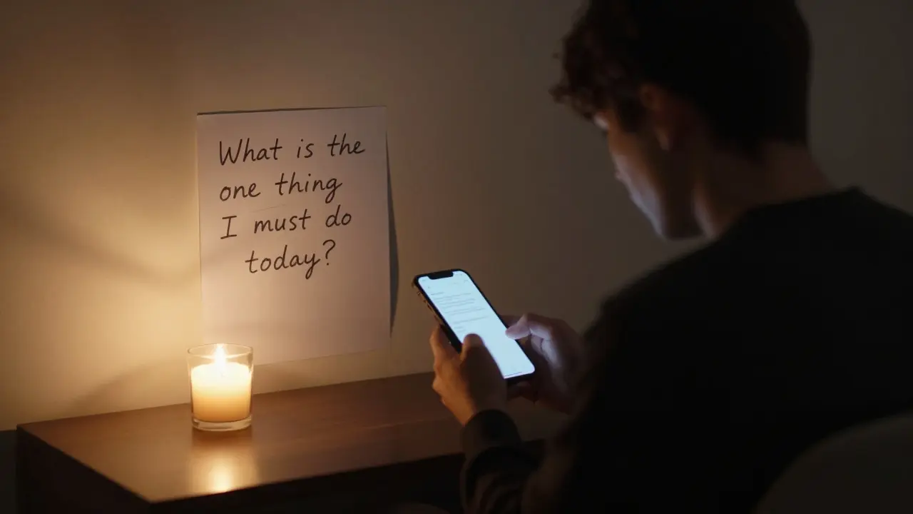 Osoba píše na papír bez jakýchkoli zařízení, jen svíčka osvětluje klidnou chvíli soustředění.