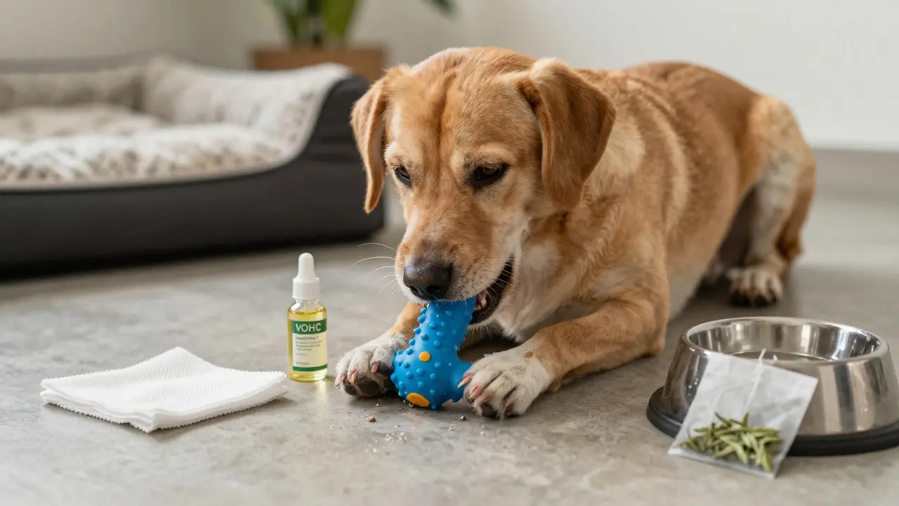 Pes žvýká zubní hračku s texturovaným povrchem, vedle ní stojí přírodní prostředky pro péči o zuby.