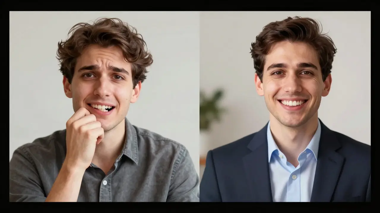 Porovnání nejistého a sebevědomého úsměvu před a po implantaci.