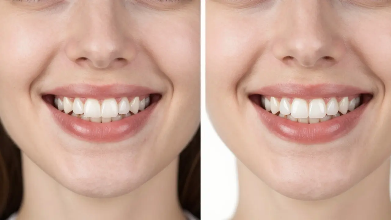 Porovnání před a po keramických fazetách: jedna žena má mírně zkřivené zuby, druhá má dokonalý úsměv.