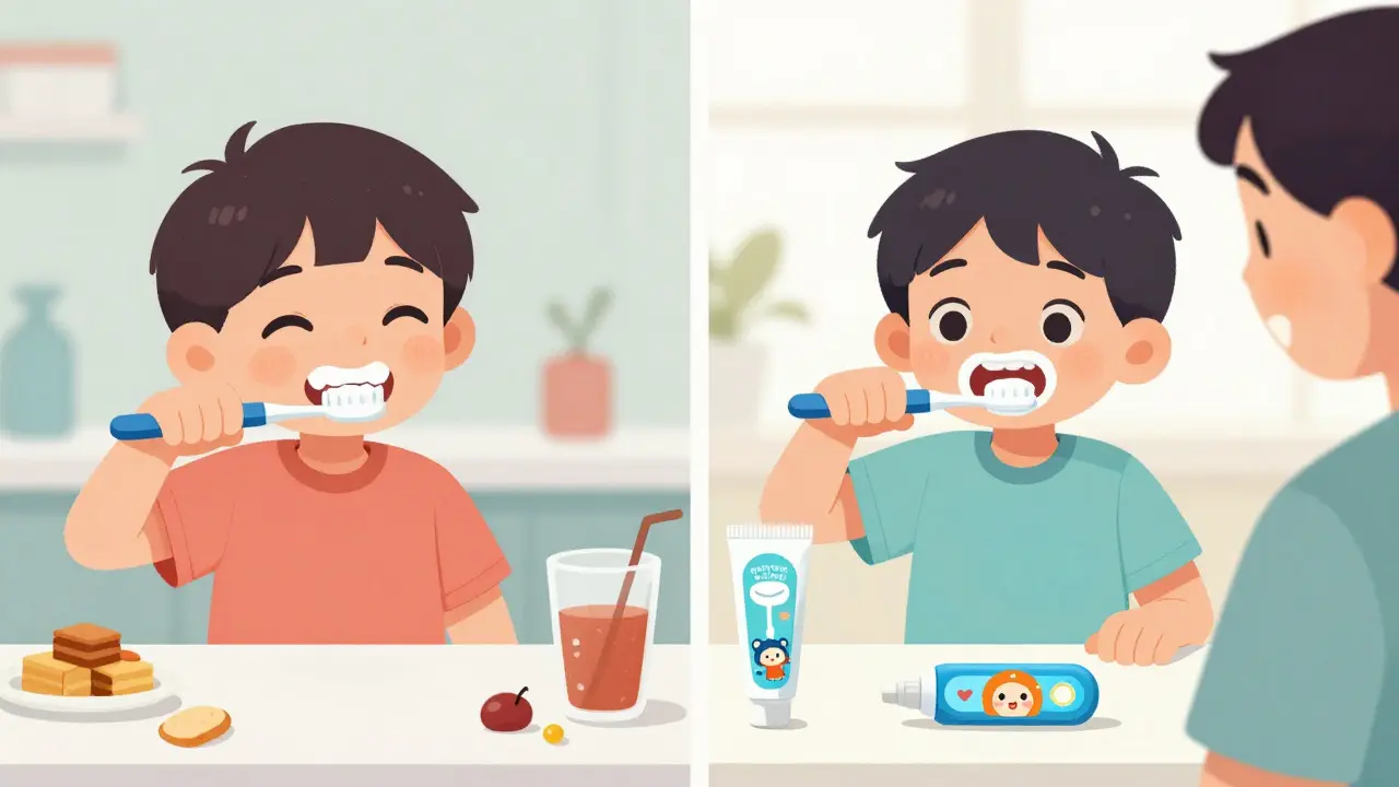 Porovnání špatné a správné techniky čištění zubů u dítěte s rodičem.