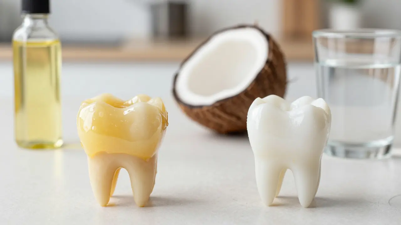 Porovnání zubu s plakem a bez něj po pravidelném pláchnutí olejem.