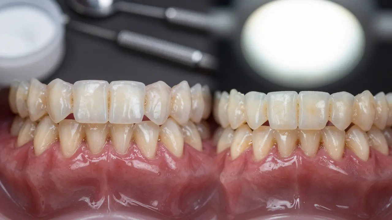 Porovnání zubů: zdravé lesklé zuby vlevo a poškozené, matné zuby vpravo.