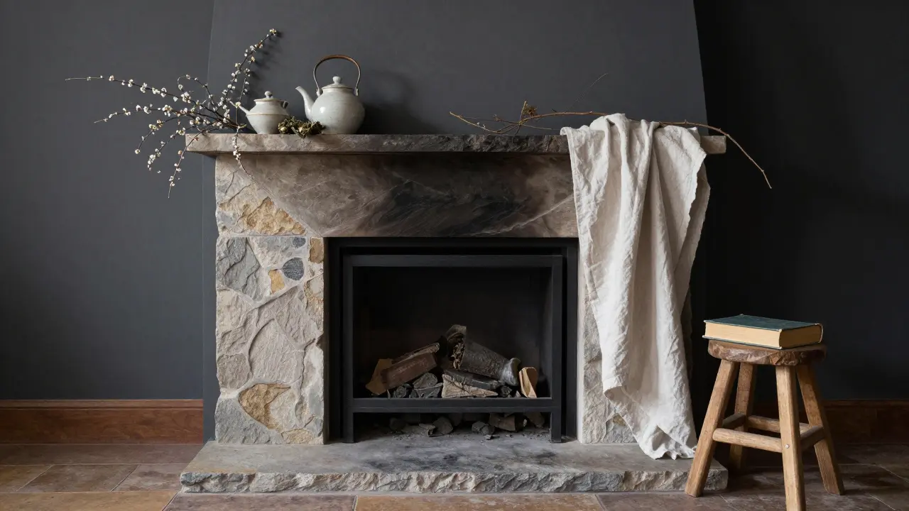 Přechod čtyř ročních dob kolem krbu: zima, jaro, léto, podzim — všechny s přírodními prvky, bez umělých dekorací.