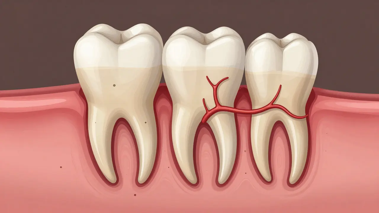 Průřez trvalého zubu ukazující postupný růst kořene jako vrstvy stromu s cévami a pulpou.