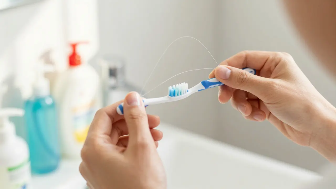 Ruce používající dentální nit pro hygienu mezi zuby v koupelně.