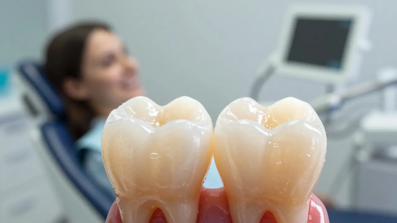 Side-by-side comparison of a natural tooth and a newly filled front tooth under natural light.