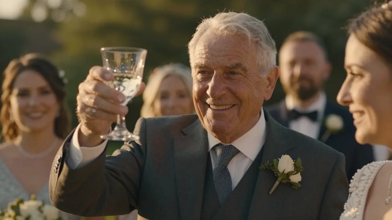 Starší muž se směje na svatbě vnučky s dokonalým úsměvem a šatnou