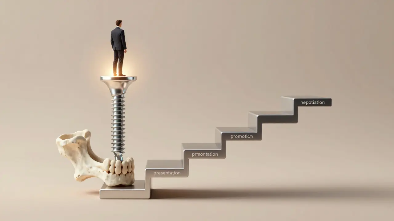 Symbolický obrázek zubního implantátu jako základu profesionálního úspěchu.