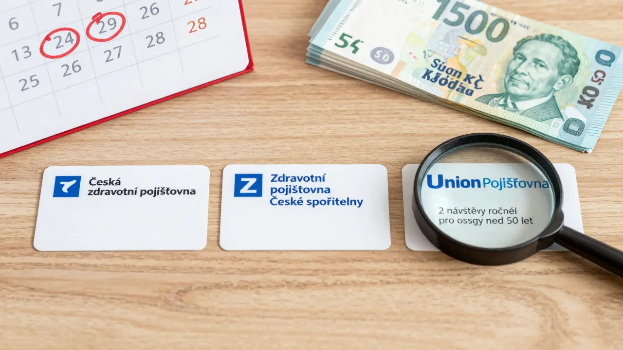 Tři pojišťovací průkazy s logo a finanční údaje o příspěvku na dentální hygienu.