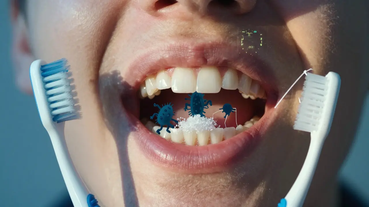 Ústní hygiena: kartáček a mezizubní nástroje proti bakteriím živícím se cukrem mezi zuby.