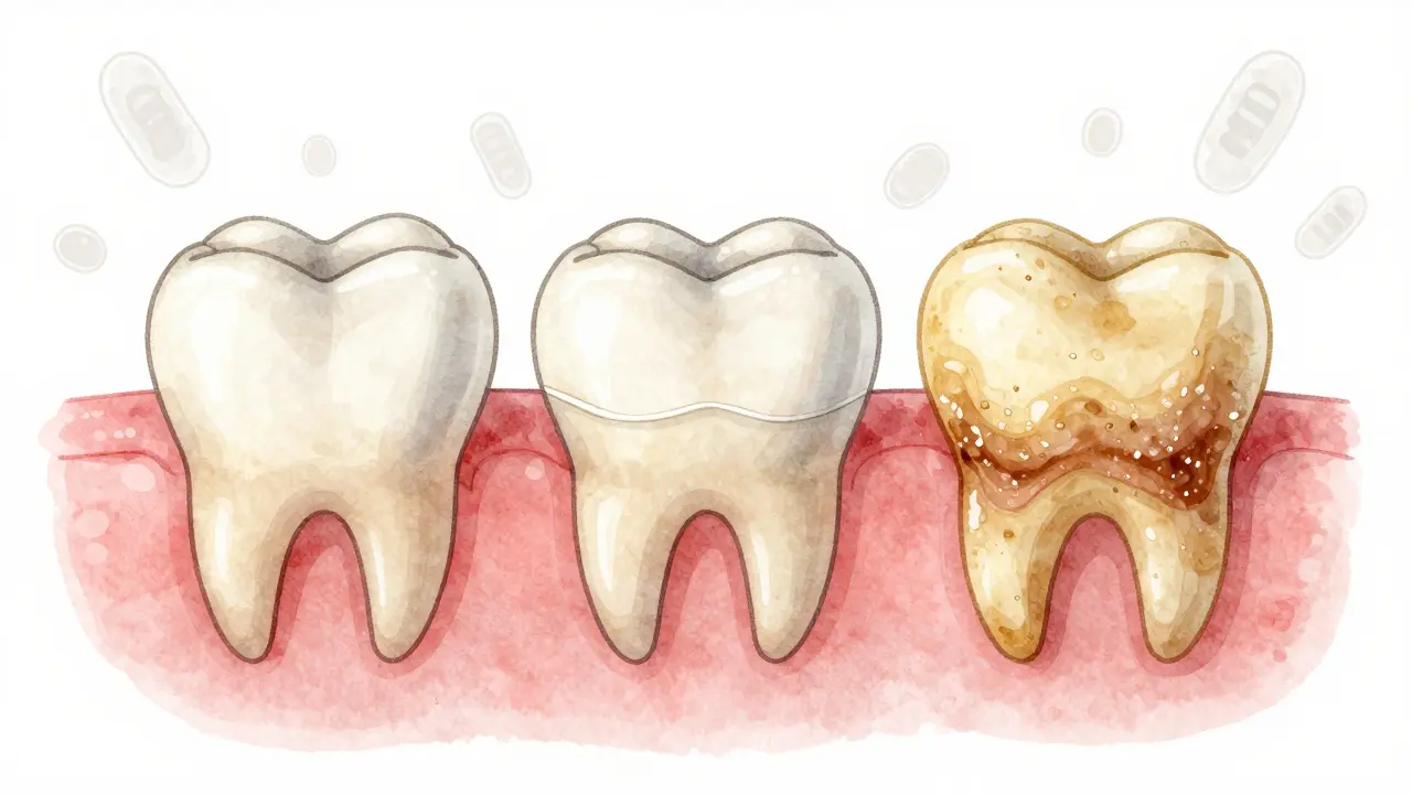 Vývoj zubního kamene na zubu: čistá sklovinka, plak a zatvrdlý nános v porovnání.