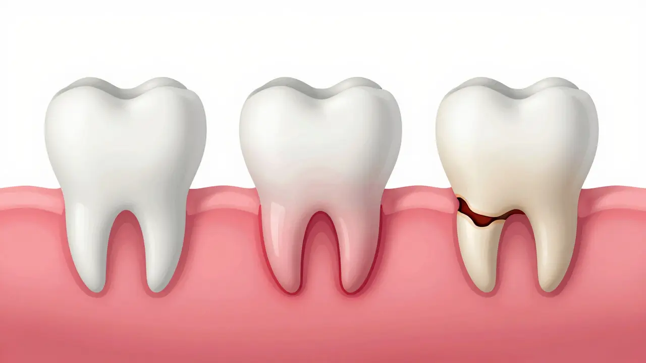Vývoj zubního kameně od plaku až po ztrátu kosti a zubu.