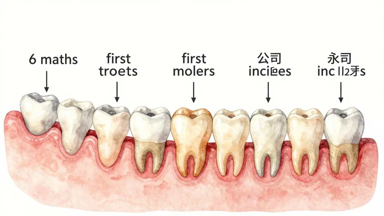Vývojová škála zubů od mléčných po trvalé u dítěte od 6 měsíců do 12 let.