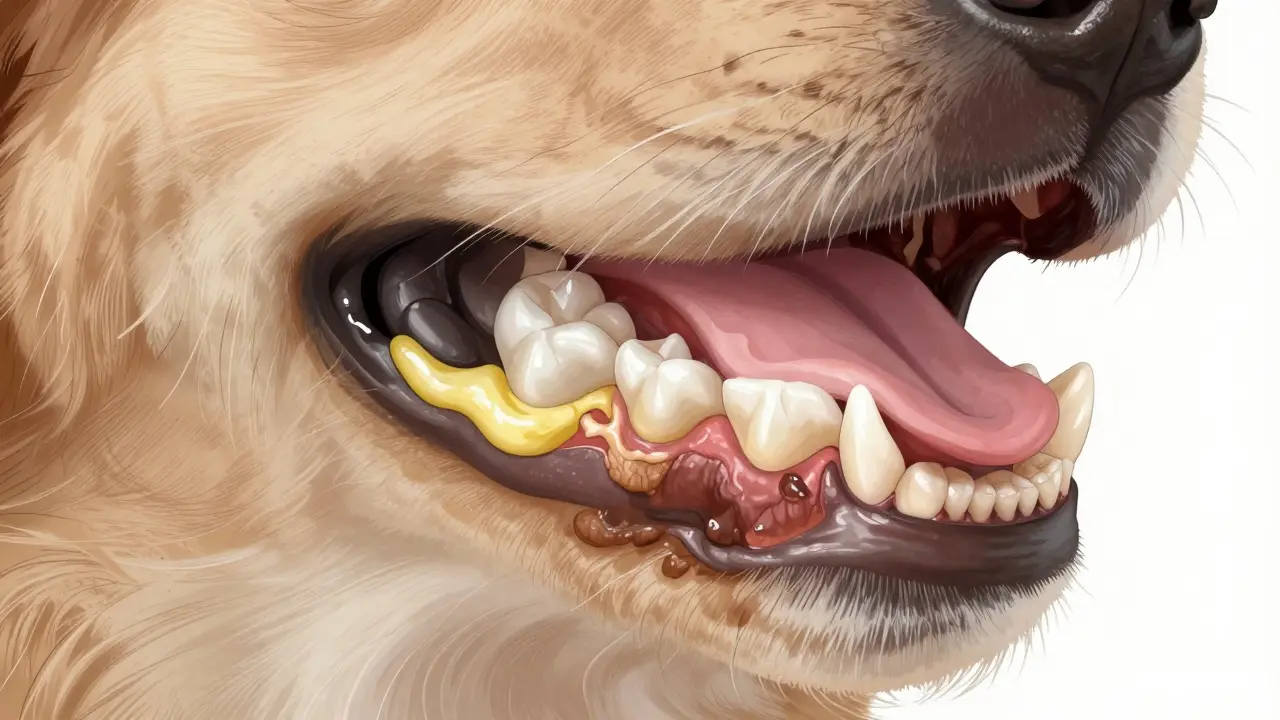 Zubní kámen na zubech psa: měkký žlutý plak na jedné straně, tvrdý hnědý kámen na druhé.