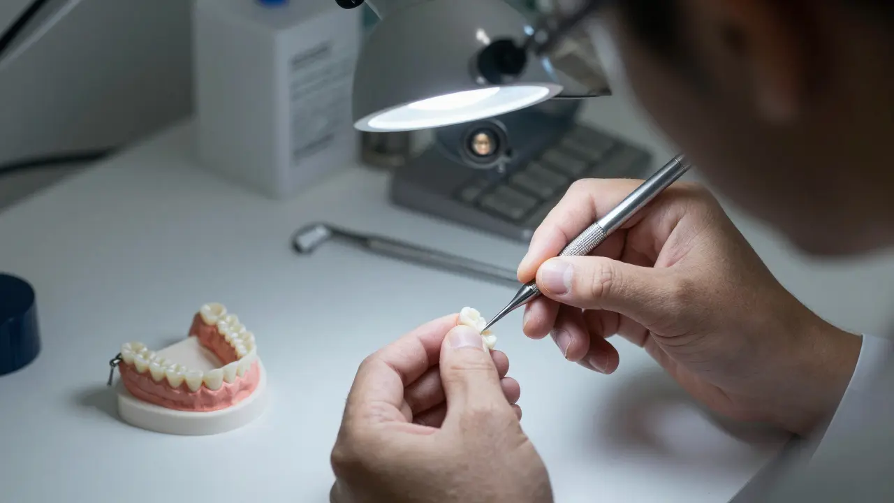 Zubní laboratoř, kde technik přesně tvaruje porcelánovou fasetu pod zvětšovací lampou s odbornými nástroji.