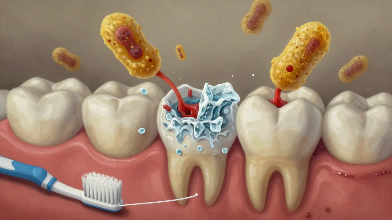 Zubní plak vyvolává kyseliny, které rozpouštějí sklovinku zubu, zatímco kámen tvorí pod dásněmi.