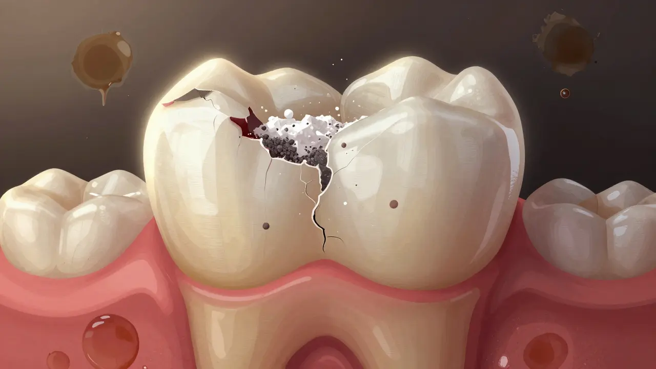 Zubní sklo je opotřebované a prosvítá žlutý dentin, abrazivní částice škrábou povrch.