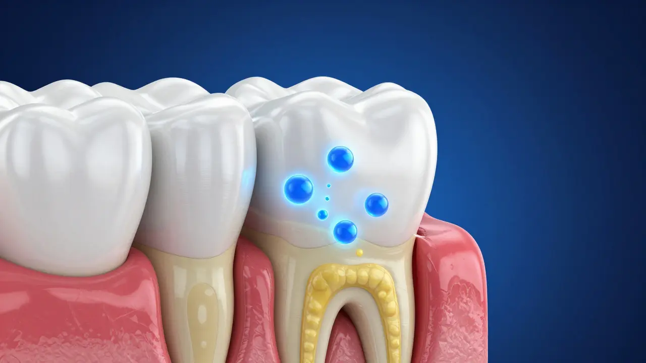 3D ilustrace procesu bělení zubů a pronikání aktivních látek do skloviny.
