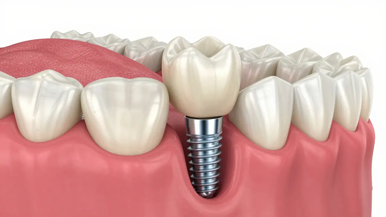 3D ilustrace zubního implantátu s korunkou integrovaného do čelistní kosti.