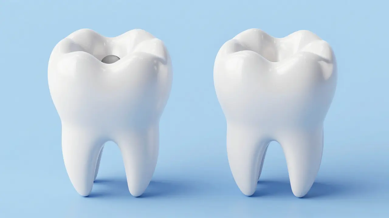 3D model znázornující rozdíl mezi běžnou plombou a kompozitním onlayem