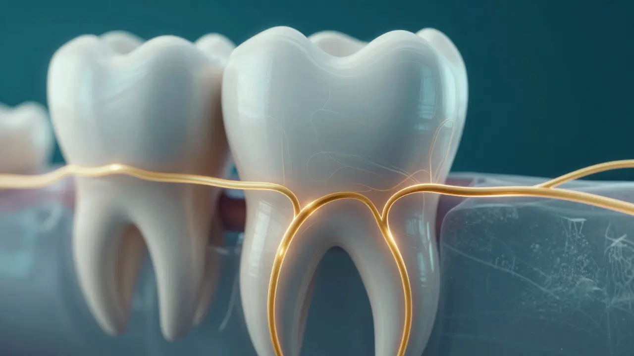 3D vizualizace horního moláru s vyznačenými třemi kořeny a nervovými kanálky.