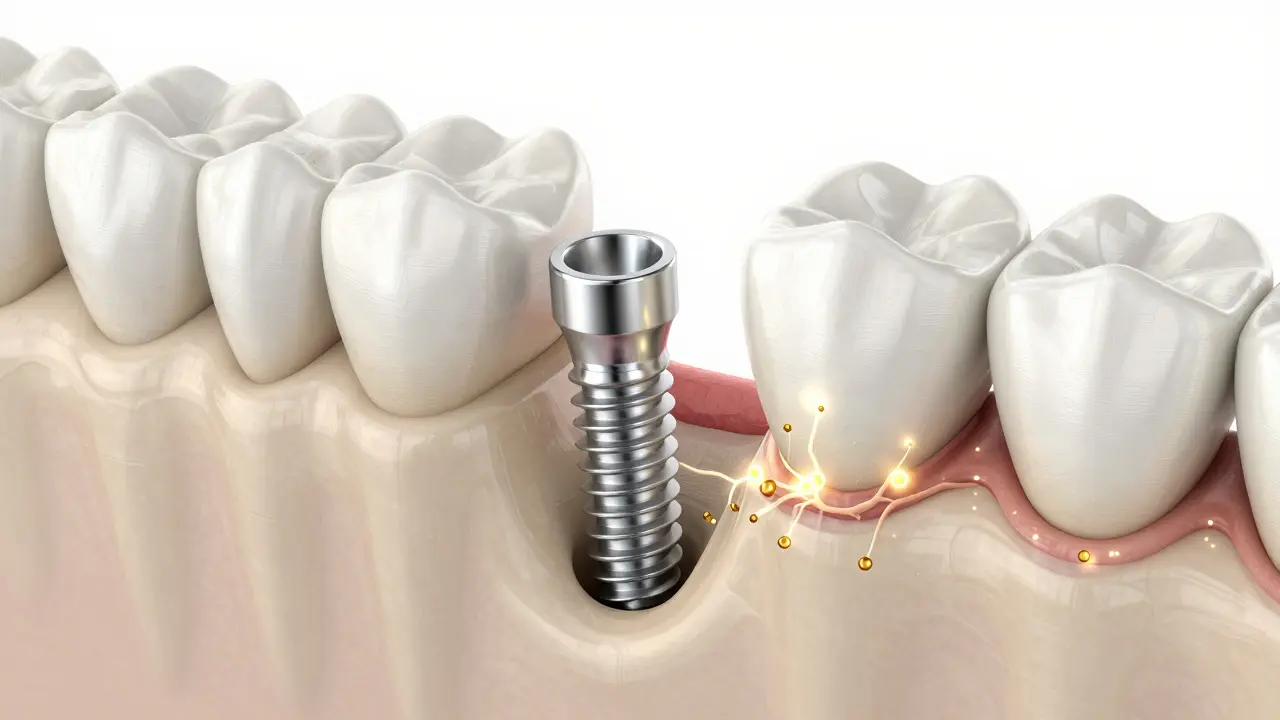 3D vizualizace procesu srůstání titanového implantátu s čelistní kostí.