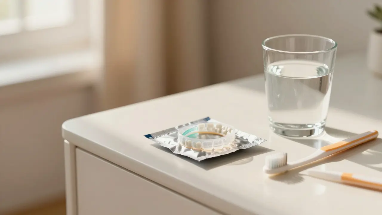 Balení ortodontických gumiček vedle zubního kartáčku na stole.