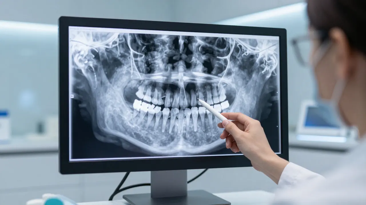 CBCT 3D rentgen kořenového systému zubů na monitoru v zubní ordinaci.