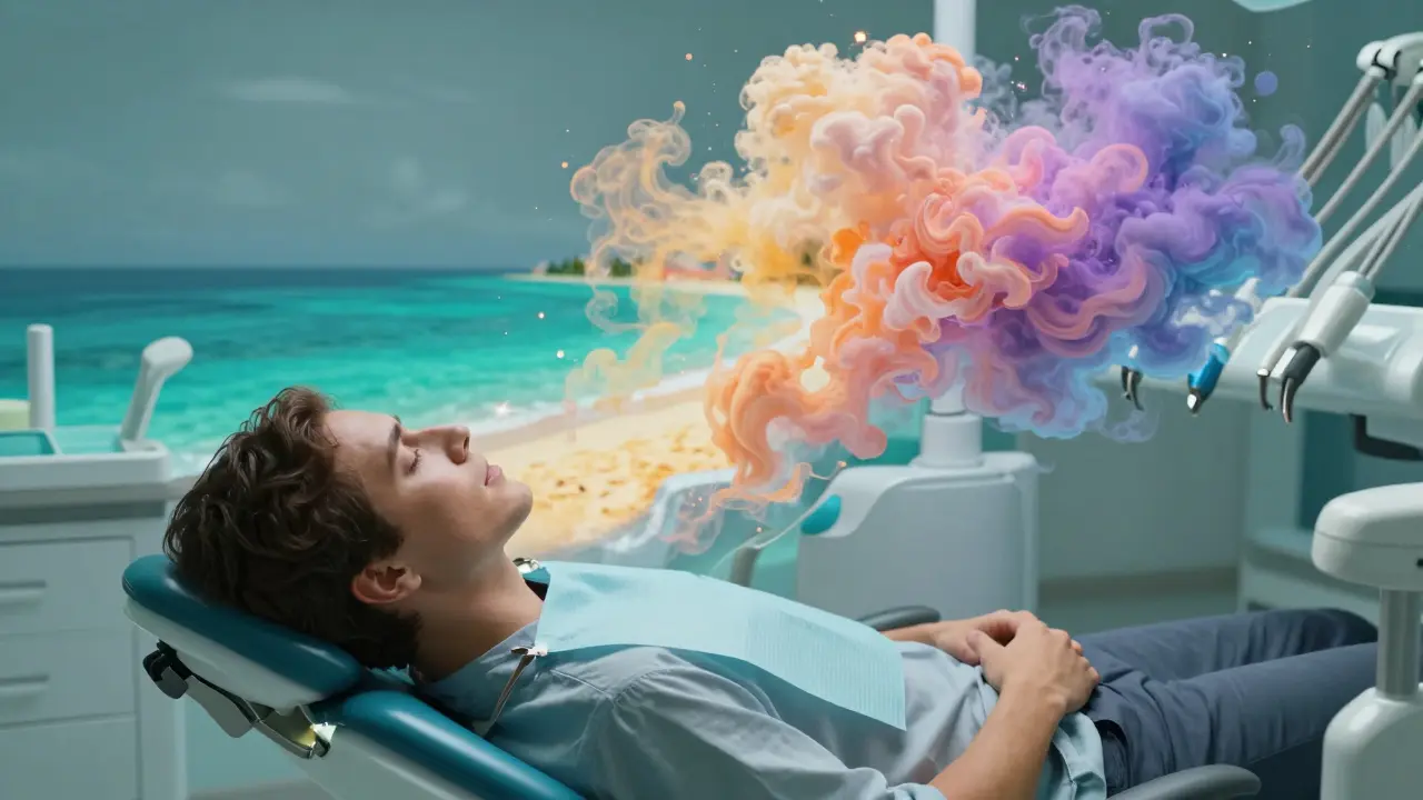 Člověk v zubní ordinaci si představuje uklidňující pláž pro zmírnění stresu.