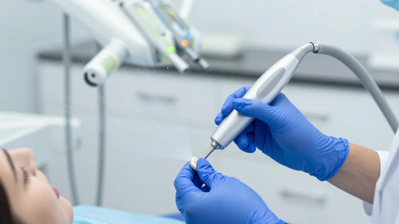 Dentální hygienistka provádí ultrazvukové čištění zubů v moderní ordinaci.