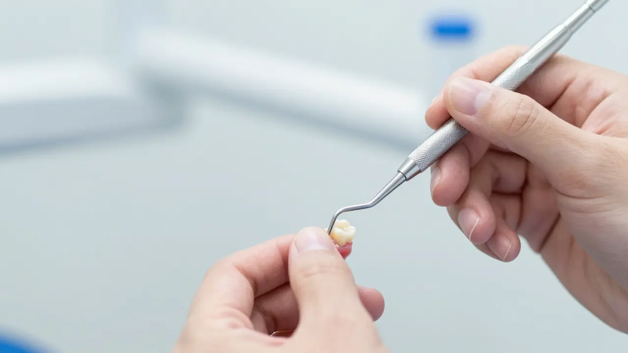 Detail dentistického nástroje kyrety při hloubkovém čištění dásní.