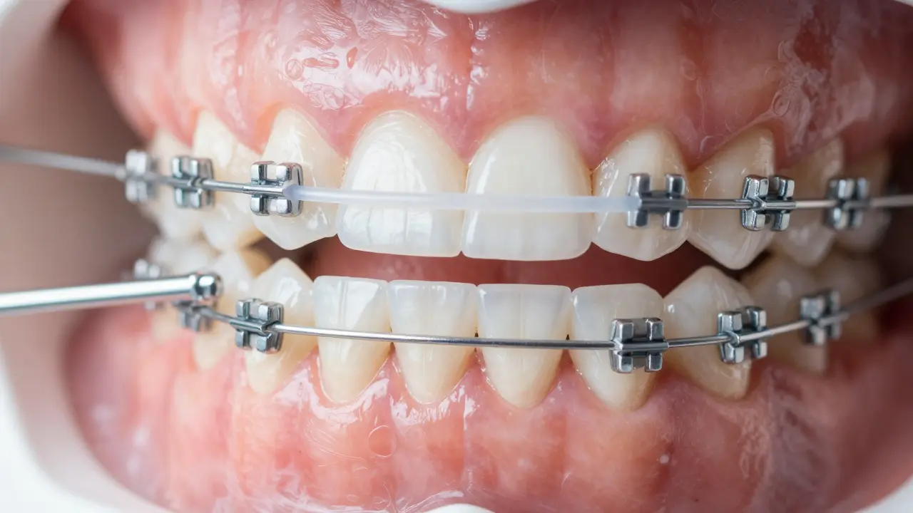 Detail ortodontické gumičky natažené mezi závěseky na zubech.