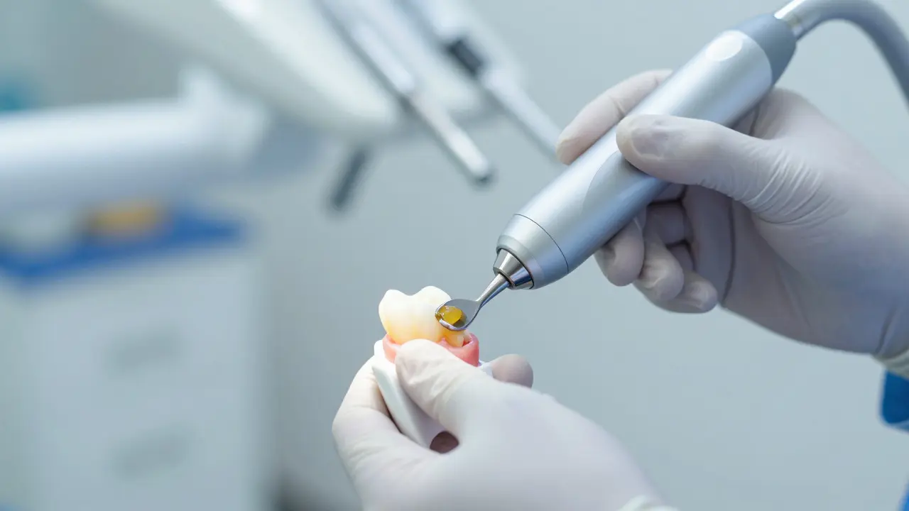 Detail profesionálního odstraňování zubního kamene pomocí ultrazvukového přístroje.