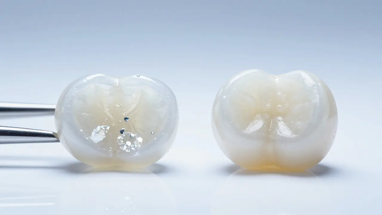 Detailní srovnání průsvitné keramické a matné kompozitní fazety.