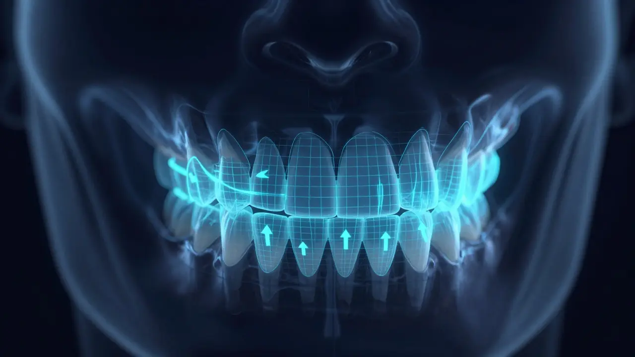 Digitální 3D vizualizace pohybu zubů pomocí neviditelných rovnátek.