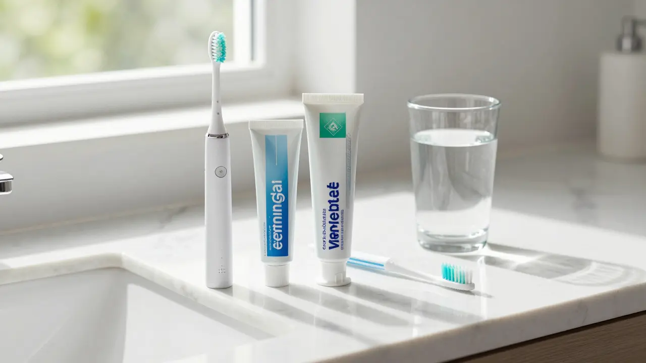 Elektrický kartáček a pomůcky pro hygienu zubů na koupelnovém pultu.