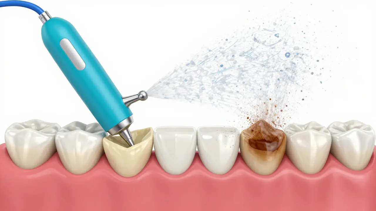 Ilustrace rozdílu mezi ultrazvukovým odstraněním kamene a pískováním Air-flow.