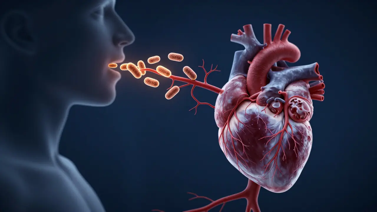 Konceptuální ilustrace cesty bakterií z úst přes krevní oběh k lidskému srdci.