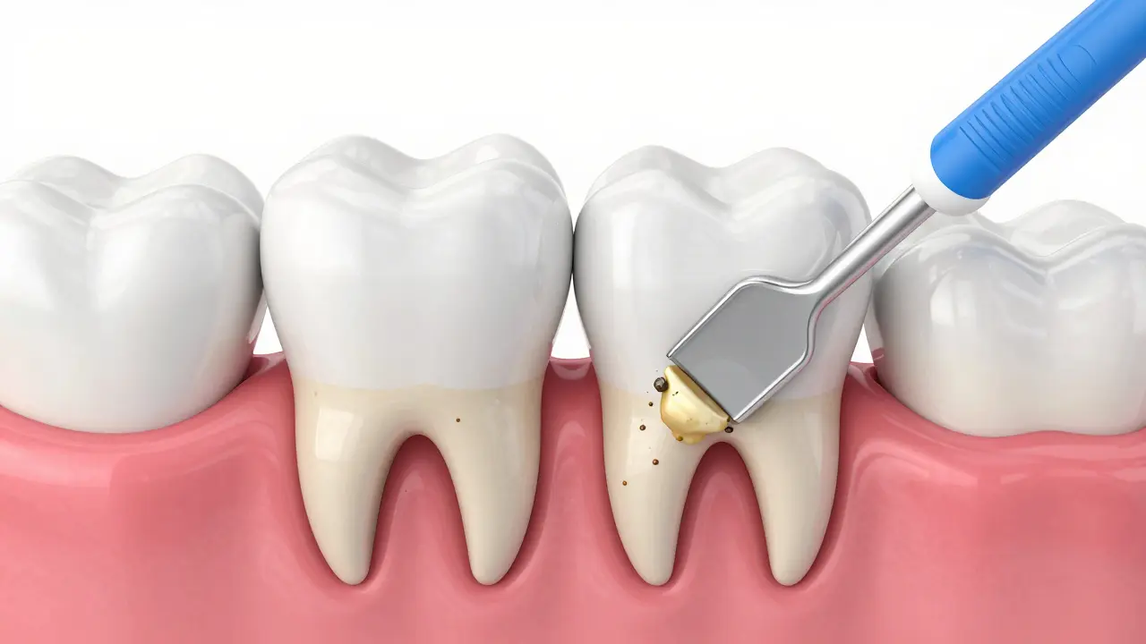 Konceptuální ilustrace čištění zubního kamene v parodontální kapsačce.