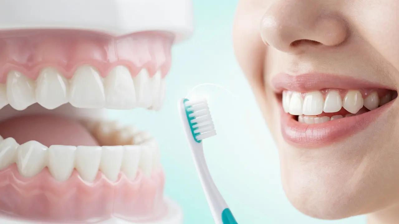 Konceptuální obraz zdravého úsměvu a pomůcek pro mezizubní hygienu.